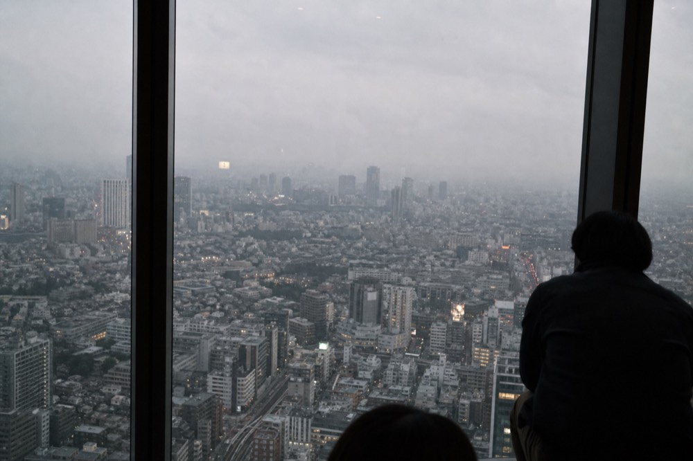Hazy grey view of a distant city skyline through a large observation window with faint reflections of interior lights
