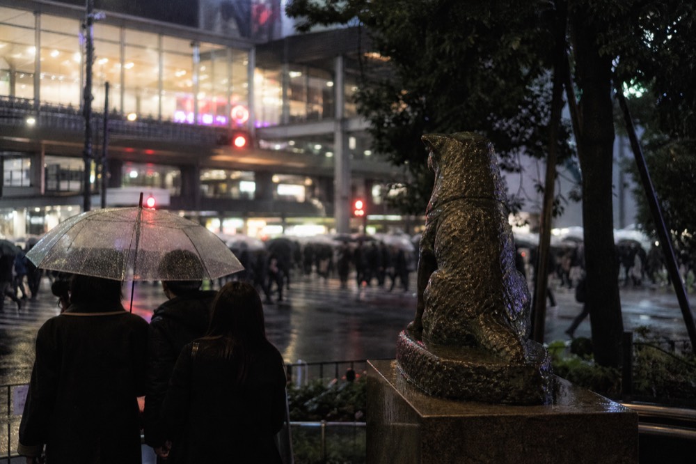 Guide with a small group beside a bronze dog statue outside a busy Tokyo station exit in late afternoon light